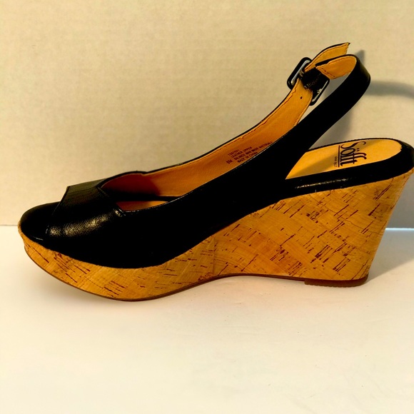 Sofft Peep Toe Wedges Black Leather Size 8 - Picture 2 of 14
